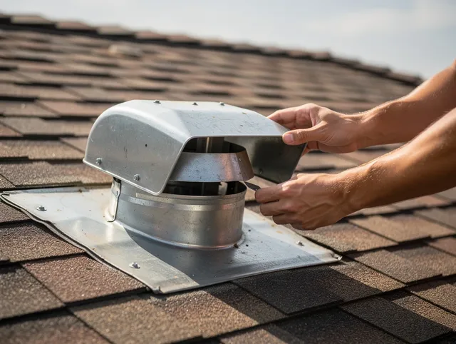 Brook Park Dryer Vent Cleaning certified technician safely cleaning a roof-mounted dryer vent in Brook Park