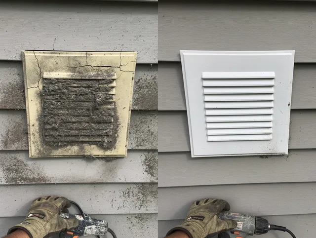 Brook Park Dryer Vent Cleaning technician installing high-quality dryer vent cover at a residential property in Brook Park