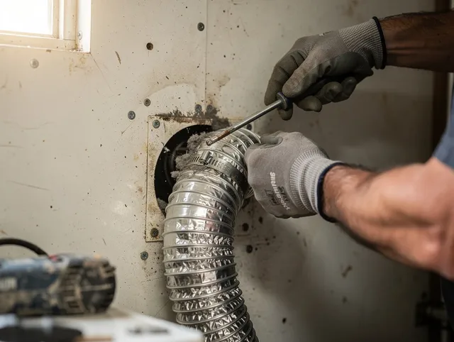 Brook Park Dryer Vent Cleaning technician performing precise dryer vent hose installation in Brook Park